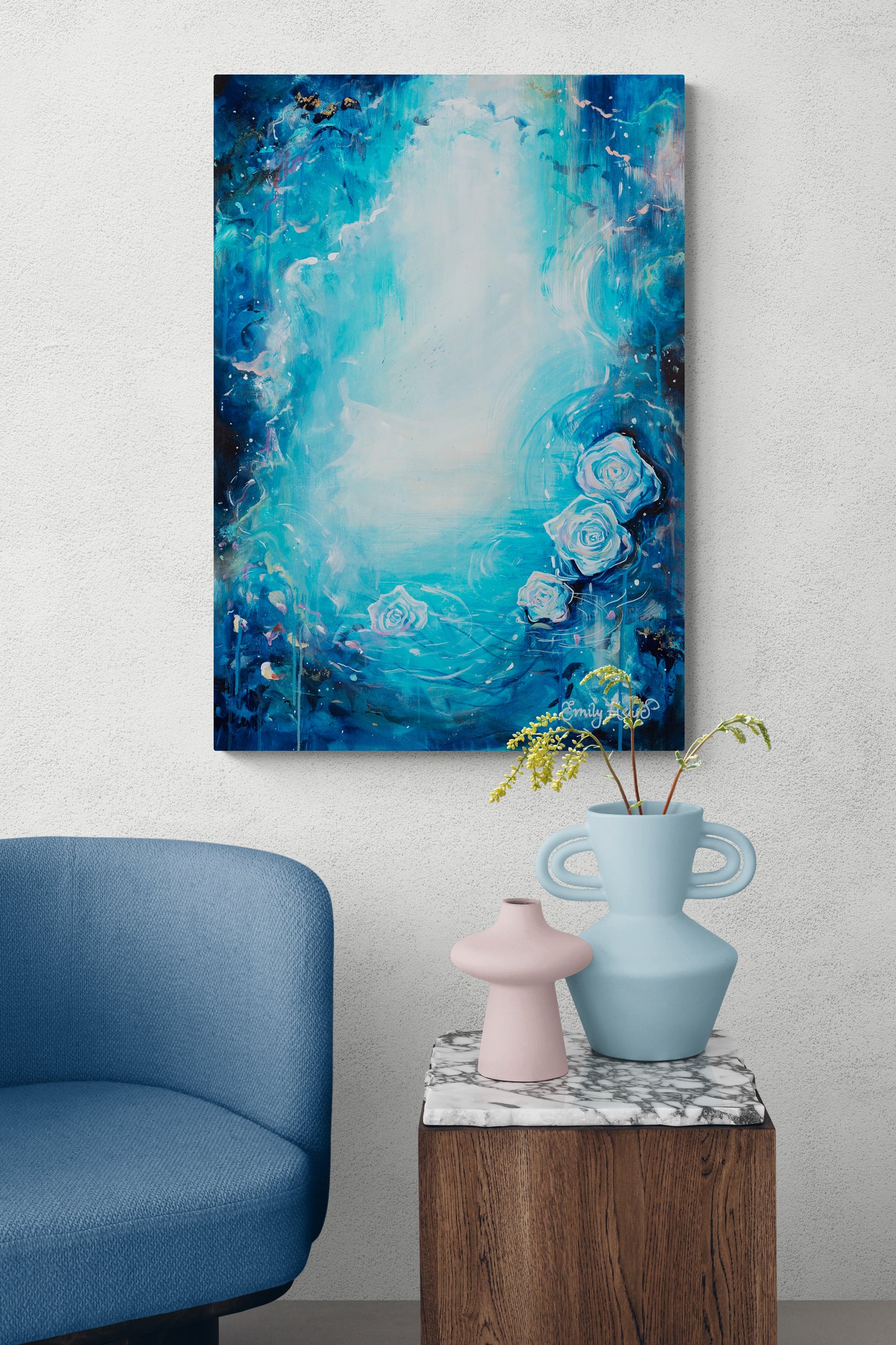 Blue abstract rose art print by Emily Louise Heard