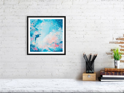 Abstract sky print with orca and dolphin