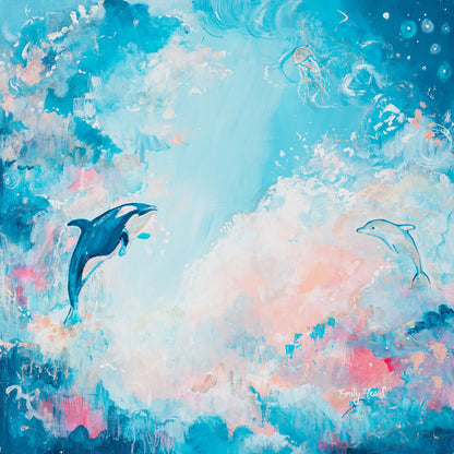 Abstract sky art with orca and dolphin