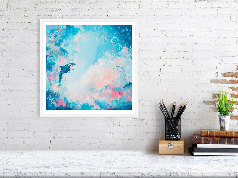 Abstract sky print with orca and dolphin