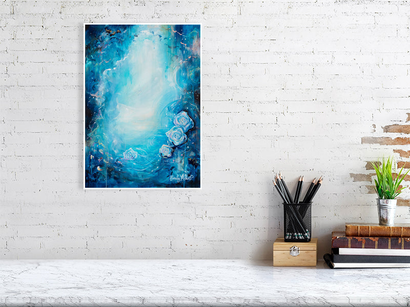 Blue abstract rose art print by Emily Louise Heard