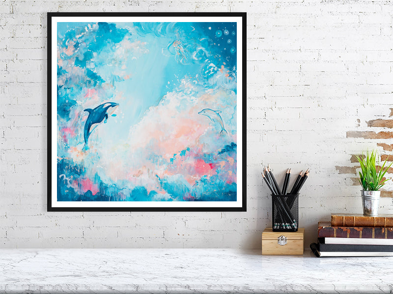 Abstract sky print with orca and dolphin