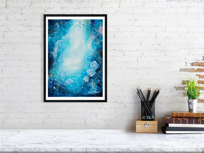 Blue abstract rose art print by Emily Louise Heard