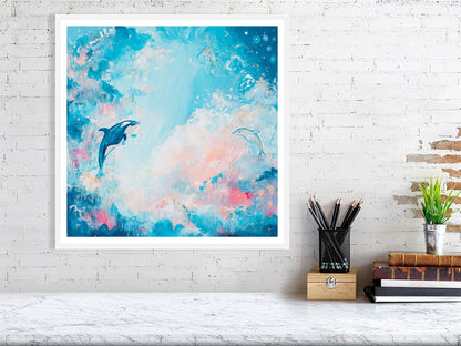 Abstract sky print with orca and dolphin