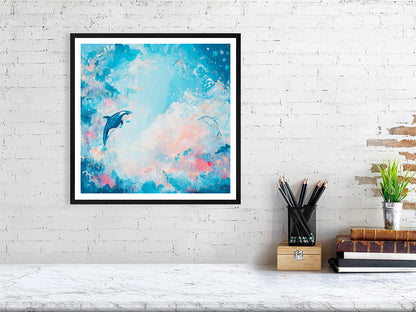 Abstract sky print with orca and dolphin