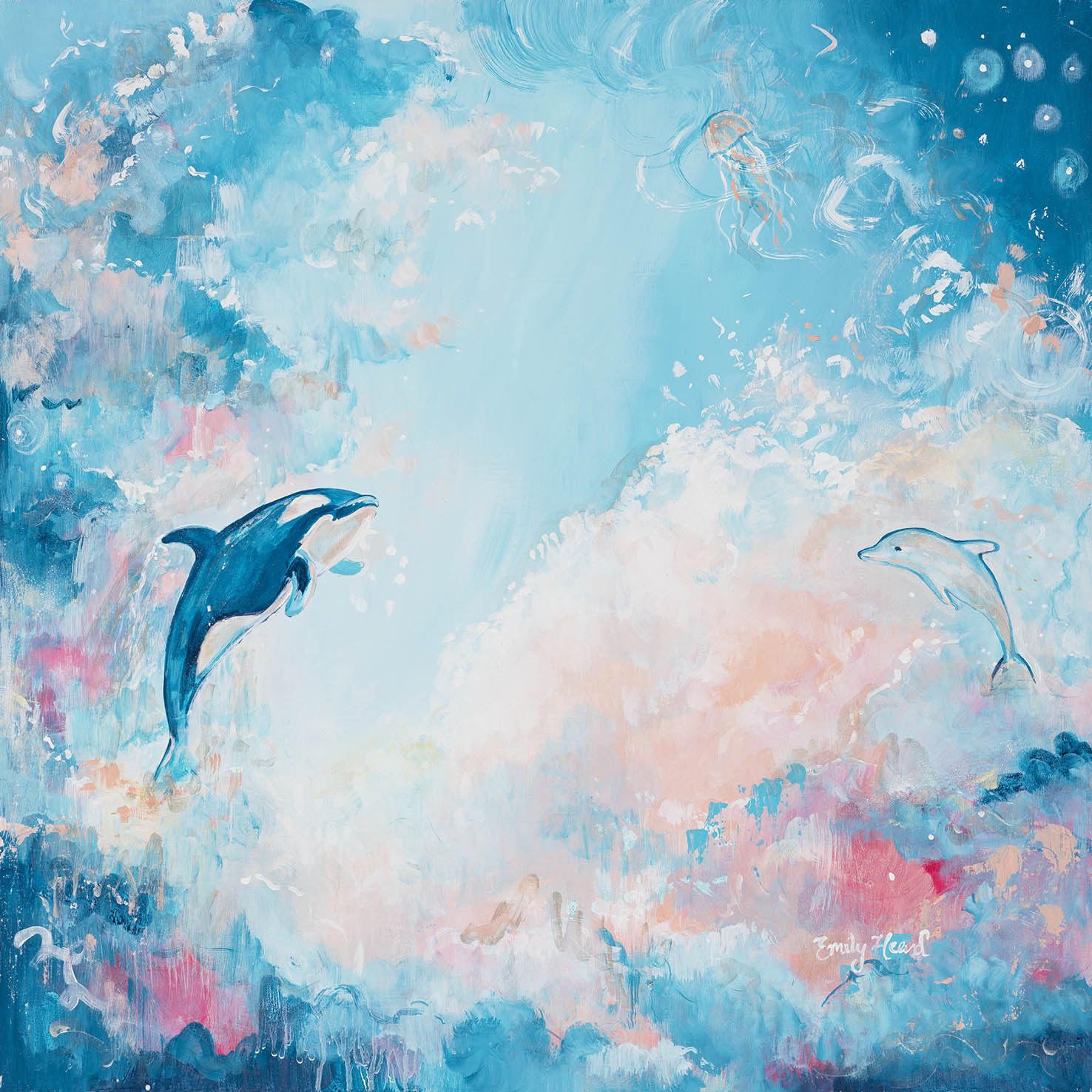 Abstract sky panting with orca and dolphin by Emily Louise Heard