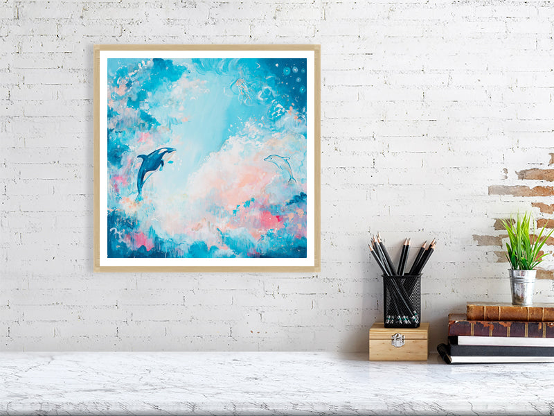 Abstract sky print with orca and dolphin