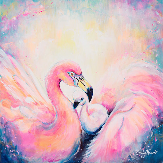 Abstract Flamingo painting by Emily Louise Heard